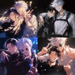 **Still taken shot from anime episode - Levi Ackerman from Attack on Titan and Satoru Gojo from Jujutsu Kaisen. Gojo has white hair, his arm around Levi's shoulder and is posing with a big smile and making a peace sign, Levi has black hair, has his arms crossed and looks slightly annoyed against a black background with sparkles in the art style of attack on titan anime. Friendship-style pose, Anime TV art style, attack on titan, jujutsu Kaisen. Uniform details, beautiful lighting, anime art, manga --niji 6** - <@774763495555072010> (fast)