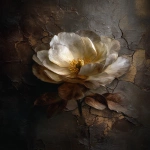 **dramatic Rembrandt and Caravaggio inspired oil painting on aged cracked canvas, a single elegant flower floating softly in baroque light, extremely deep chiaroscuro shadows, warm golden edge lighting, thick sculptural impasto texture covering the entire background (no visible canvas), heavy layered paint with antique gold accents, refined classical realism, rich baroque atmosphere, subtle smoky vignette, museum-grade fine art detail, emotional stillness, no frame, no text, no watermark, no signature, no artist signature, no initials --ar 4:5 --v 7.0 --q 2 --raw** - Image #4 <@1313398896784834591>