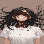 **ghibli-inspired anime style, a woman with blowing black long hair wearing a white t-shirt. Her face and hair are covered with full of dark chocolate. Smile. Hyperdetailed. --ar 9:16** - Image #2 <@1069234448597536858>