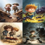 **children's book illustration feeaturing anthill adventures --ar 2:3 --p 7qu374d** - <@1202719359680774145> (fast)
