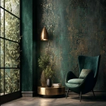 **Dark green and gold vintage wallpaper with a metallic sheen, intricate patterns, and a luxurious feel, set in a dark room. An elegant armchair and coffee table sit in front of the wall, with soft lighting casting gentle shadows on the textured surface. --v 7.0 --ar 3:2** - Image #3 <@1313000520759377972>