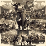 **monochrome multipanel horror elements, professor Hannibal, crossing the alps on circus elephants, Bronze Age adventurers cook dungeon monsters amid political intrigue awakening primordial titan, black knight with sword and leged marmaid with echo gun --niji 7** - Image #4 <@917327632763322368>