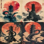 **retro manga comic cover, a lunar snake coiled around a fantasy stone tower, lenticular clouds, in the style of long exposure waveform, Japanese calligraphy, bold vintage colours --ar 5:7 --stylize 250 --v 6.1** - <@1086927454209314856> (relaxed)