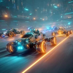 **A futuristic, high-detail scene of multiple different robots resembling cars with wheels, racing on a high-tech competition track. The robots have difference designs, not same, and are glowing with vibrant orange and blue light lines, creating a dramatic glow-in-the-dark effect. The background is a detailed, atmospheric, small-scale robot competition arena with futuristic lighting and a dynamic sense of motion. cinematic lighting, 8k** - Image #3 <@1237654084786327583>