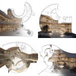 **<https://s.mj.run/zKQDBpXEAUE> , conceptual architectural render of a public campus building, based on an organic, curving floor plan layout emphasizing flowing, inclusive spaces with curved glass facades, warm wood textures, soft ambient lighting, landscaped open courtyards, integrated indoor-outdoor transitions** - <@759292859500855326> (fast)