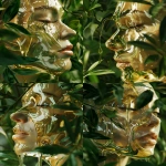 **Abstract skincare ad, close-up of a human face made entirely of clear, reflective glass, surrounded by fresh green leaves, golden face oil slowly dripping and flowing down the smooth glass surface, hyper-realistic textures, soft natural lighting, ethereal and artistic, luxury beauty campaign, minimalist studio background --ar 3:4 --v 6.0 --raw** - Variations (Strong) by <@1137663032605028362> (fast)
