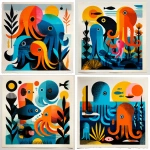**a whimsical, vibrant cartoonish image of a family of octopuses swimming around in the ocean. One of the smaller octopuses is blue, the rest are orange. --no people, --sref 179 --s 250** - <@1097991841179254824> (fast)