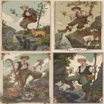 **The Fool tarot card. The image depicts a young man with one foot on the edge of a cliff, holding a small stick with a small package and a small white rose in his hand, and a dog at his feet. --ar 7:12 --profile x7q17q7** - <@409716268476923920> (fast)