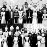 **A vintage anime-style full-body black-and-white illustration. A group of creepy abstract non-human creatures posing for a group photo, concept art, futuristic. --v 7.0** - Variations (Strong) by <@852041915598635039> (fast)