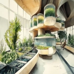 **<https://s.mj.run/J481k19R0sY> <https://s.mj.run/Nlu3ItpiLmk> <https://s.mj.run/5Zwnb5PDQNM> an illustration using black pen and watercolour, loose sketchy watercolor and black pen illustration of a futuristic healthcare waiting room a multi storey vertical farm on one side , plants grows with tanks of fish above them , the space which is filled with trees, the noerthern lights are present at the high ceiling to individual wellness pods, zaha hadid organic futuristic architecture highly detailed, unique --ar 16:9 --v 6.1 --s 250** - Image #4 <@999895176619237436>