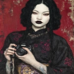 **eerie painting with a color scheme of monochromatic black and white with a pop of Color. The painting uses cross-hatching and palette knife techniques, inspired by analog horror, grunge Polaroids, ukiyo-e and retro Japanese horror. The mood is mysterious and unsettling --exp 50 --stylize 1000 --p djcuvnt --ar 4:5 --v 7.0** - Image #2 <@948741381743083580>