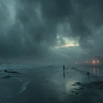 **Cinematic film still: a vast desolate beach under a dark oppressive starless sky, storm clouds heavy and low, scattered broken shipwrecks on the wet sand; a lone fragile wanderer stands small, solitary and not heroic, facing the immensity; on the far misty horizon only a few small bonfires glow, 5 to 10 fragile orange flames, irregularly placed, uneven distance, tiny human-scale campfires lit by distant companions, partially veiled by fog, warm fragile lights against the cold darkness; atmosphere tragic yet quietly utopian, silence and resilience --ar 16:9 --stylize 180 --no cities, no urban lights, no modern ships, no large fires --raw** - Image #1 <@913082653043986444>
