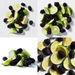 **ground level shot. photograph of a scattered assortment of lime wedges and blackberries on a solid white background** - <@1061750239708577893> (fast)