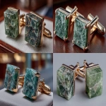 **modern elegant mens cuff links made from polished green dolomite crystal, on display in an art gallery --ar 16:9 --s 750 --v 7.0** - <@1064451214823129168> (fast)