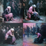 **A fast, strongly colored painting, heavily in tones of pink, white, purple-blue and black, Paris streets, Victorian era, focusing on an old beggar woman, shabby, sad, dirty, begging on the street, sitting, people around her, in a full-screen shot, dark atmosphere. Painted by Jenny Saville.** - <@1106776019475636345> (fast)
-# Create, explore, and organize on [midjourney.com](<https://midjourney.com/imagine?from_discord=1>)