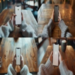 **extreme close-up first-person POV of a smartphone being held vertically with both hands over a wooden café table, only hands and phone visible, soft female hands with natural nails, wrists partially covered by thick gray textured hoodie sleeves, smartphone screen fills most of the frame, on the screen a clean white background with a black circular shape in the center, inside it a bright green square icon divided into four thin blocks, depth of field with blurred warm coffee shop lighting in the background, no face or body, realistic lighting and materials, cinematic soft focus, iridium reflections --ar 16:9 --seed 3447709917 --v 6.0 --raw** - <@1339543647191826452> (fast)