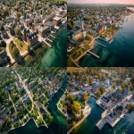 **aerial view of small town waterfront community with historic buildings, green spaces, and residential neighborhoods, Ontario Canada, planning map overlay, professional documentary photography style --ar 4:3** - <@794327127260266516> (fast)