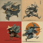 **male goliath monk, unarmed, wearing a cloak and wizard hat, running, in old japanese art style** - <@324026080451100683> (fast)