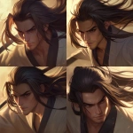 **<https://s.mj.run/TzxsZr6OQ0o> Extremely handsome and captivating Japanese lord from Imperial Japan, close-up dynamic head-and-shoulders splash art portrait in the style of League of Legends and MoonColony Studio. The young samurai lord has long, flowing black hair with subtle warm brown streaks, windswept dramatically as if caught mid-motion during a turn. His intense, determined expression is focused and slightly angled downward, with sharp, well-defined features, strong brows, and high cheekbones. He’s looking at the left side of the image, 3/4 view of his face, sunlight coming from the left, He wears a traditional white-and-grey kimono with black inner layers, illuminated by warm sunlight from the side, creating striking highlights on his hair and fabric folds. Emphasize the sense of motion in his hair and the dynamic camera angle, sharp linework, vibrant colors, cinematic lighting, ultra-detailed, polished digital painting, professional video game splash art quality --ar 1:1 --niji 6 --raw** - Variations (Strong) by <@886738135285911622> (fast)