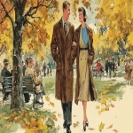 **a vintage illustration of an american couple in love, walking hand-in-hand through the park on a fall day with colorful leaves falling around them. the man is wearing a brown overcoat and black shoes, while the woman wears a long coat with a blue top underneath it and a hat. they both have happy expressions. in the background, there are people sitting on benches and trees with autumn foliage. --ar 64:35 --v 7.0** - Image #2 <@1142201622697623682>