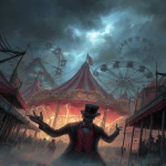 **<https://s.mj.run/prtaYJlQqPI> match this picture and add a carnival ring master wearing a red vest and black suit with no face under his black top hat is welcoming you with his right arm to the creepy weird Lovecraftian carnival filling the background, as a front page art piece painting, --ar 8:11 --v 7.0** - Image #3 <@1035886146422583346>
