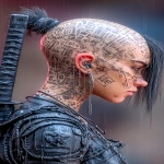 **orc woman, fangs, in the heavy hard rain, tempest, lightining, incandescent katana, tattooed head, super vitreous blank white eyes like empty blind eyes, editorial illustration of a young cyberpunk Asian girl warrior, punk hair cut half bald, from the underground cluber Tokyo drift club subculture, dendrokinetic Gang tattoo, blurred makeup, angry, kanji, --ar 3:5 --raw --p f6gpn1a sw3hfp8 o7iksp7 --stylize 750 --v 7.0** - Image #4 <@1054482006731395092>