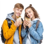 **two teenagers, boy and girl with backpacks, happily eating kebab wraps, photo, white background** - Image #3 <@1019171884983648307>