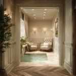 **A luxurious yet cozy master bathroom suite that flows into an intimate plunge-pool master bath. Keep the bathroom refined and serene with soft cream and ivory tones, tufted upholstered furniture, classic wall paneling, warm ambient lighting, and herringbone wood floors. Through a wide opening, reveal a small residential plunge pool inspired by the reference photos: warm travertine or limestone surfaces, tumbled stone textures, and a compact, inset pool with soft bubbling water. Include a subtle waterfall feature from the ceiling or a wall spout, illuminated by gentle recessed lighting. Add understated greenery such as potted herbs or small plants for a calm, spa-like touch. Keep the scale residential and intimate, blending the bedroom’s elegant quiet-luxury vibe with the warm, earthy Tuscan tones of the plunge-pool area. Ultra-realistic, 8k interior photography, soft and inviting atmosphere.** - Image #3 <@1098040737595138178>