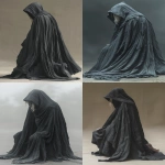 **Back view of a hooded figure in a large textured black cloak, in a low kneeling posture, angled slightly to the left. The heavy cloak drapes fully to the ground and covers the feet, creating a dramatic silhouette. The hood is pulled up, concealing the head, with only faint strands of pale blonde hair slipping out from the side. Cinematic, moody, realistic, detailed fabric folds and shadows. Clean, neutral studio background, softly blurred, designed for later compositing. --ar 2:3 --v 6.0 --s 800 --no face, no cartoon, no anime, no 3d, no text, no gravestone, no scenery, no background details --raw** - <@1244098075421708410> (relaxed)