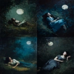 **a dark, moody oil painting of a nymph in a dark forest reclining on the grass and reaching lovingly for the full moon. it's night and the moon casts its pale shadow on her. in the style of Johann Henry Fuseli. --ar 3:4 --v 7.0** - <@693132661379825714> (fast)