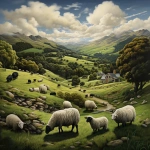 **there are lots of hills, there is a house and there are moutains in the background. In a fenced area there are black sheep and white sheep, there are lots of trees and the grass is green, realistic --v 5.2** - Image #4 <@754226842650542162>