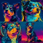 **a neon turqiose, orange , pink ,Austrailian miniature shepherd x pomerainian , one blue eye, short nose, sitting , psychedelic, blue background , acid visuals , artwork in the style of Dan mumford , bright glowing image --v 7.0** - <@1006545549706666017> (fast)