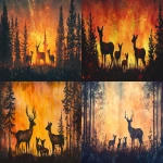 **silhouette of a family of deer in the woods at sunset double-exposure borealis background the forest and the deers silhouettes foxfire foxes , watercolor professional arts --ar 5:3** - <@221464526434992128> (fast)