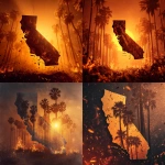 **Ultra-realistic 8K poster featuring the map of California in the center, bold and sharp with metallic edges and textured details. Behind the map, tall palm trees rise dramatically, their silhouettes standing out against a vivid orange gradient background. Add blazing fire elements at the bottom and sides of the poster, with realistic flames and glowing embers that enhance the intensity of the scene. The composition is cinematic, with warm highlights, deep shadows, and a glowing aura around the California map, giving a powerful and striking look.** - <@1344851378702389258> (fast)