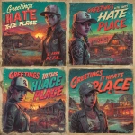 **Distressed horror-comic postcard design, "Greetings from I Hate This Place" in bold retro type, Elena reimagined as a rebel woman in White Sox cap and worn leather jacket, cell-shaded and outlined in gritty comic style, vivid neon-tinted palette with muted shadows, surreal isometric landscape ruined ranch, haunted fields, twisted forest edges, glowing cult symbols carved into stone, mutated creatures lurking in fog twilight lighting with eerie fog, vintage postcard paper grain, torn edges, unsettling yet stylish 1980s horror aesthetic faithful to the game’s promotional art** - Variations (Strong) by <@724956418507014146> (fast)