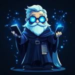 **Futuristic legal wizard mascot, glowing blue eyes, wearing a judge robe mixed with a wizard cloak, holding a digital scroll and a smartphone, cartoonish but clean, high-tech magical vibe, flat design - vector art --s 250** - Image #3 <@844314166369583134>