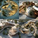 **conceptual architectural render of a public campus building, big installation, based on an organic, realistic, detailed, complex structure, curving floor plan layout emphasizing flowing, inclusive spaces with curved glass facades, warm wood textures, soft ambient lighting, landscaped open courtyards, integrated indoor-outdoor transitions, modern minimalist furniture high-resolution, aerial perspective, photorealistic style, rendered with soft shadows and realistic materials** - <@759292859500855326> (fast)
