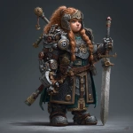 **a female dwarf warrior wearing master-craft mithril armor, she has one clockwork mechanical arm, standing in the dwarven king's court, D&D fantasy character art** - Image #2 <@758604467146588180>