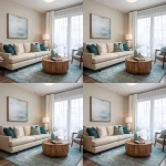 **interior design of a model unit showing the living room. beige sofa with window behind it. white sheer curtains with silver curtain rod. teal and gray area rug. round oak wood coffee table, gray, teal and beige throw pillows, flush mounted silver ceiling light, white table lamp, tall plant with white planter --v 7.0** - Variations (Region) by <@1231814052913877045> (fast)