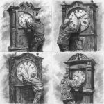 **pencil sketch, black and white, square composition, surreal metaphorical artwork, an old-fashioned grandfather clock with its large clock-hand being grabbed and pulled backwards by a young handsome investor 25 years old, symbolic of founder vesting reset and time stolen back, sketchbook style, visible pencil strokes, crosshatching, high contrast, dramatic and thought-provoking --ar 1:1 --v 6.0 --raw** - Variations (Strong) by <@1050631111002296333> (fast)
