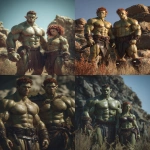 **Realistic 3d rendering. Full body portrait of two characters. ruggedly handsome, Hyper muscular handsome twin green skinned orcs, bright silver eyes, short curly redred hair, short pointed ears, defined muscles, pronounced features, hyper muscular, wide Grecian nose, strong square jaw, defined cheek bones, masculine features, freckles. Bodybuilder. wearing a tight short leather skirt. His oiled skin glistens under intense studio lighting. A strong camera flash highlights the shine on his muscles, creating bright reflections on his body, arms, and thighs. Retro fitness photography style, slightly exaggerated lighting contrast, 90s magazine aesthetic, center-framed, studio portrait shot. Standing and posing in a sunny rocky field. --ar 5:6 --v 7.0** - <@1222981214734913607> (relaxed)