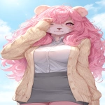 **A female character with pink long curly hair and crossing bangs, face of sea otter, black nose, winker, fluffy fur in face, pink fluffy tail, softly fearlessly, sleepy express, wiping her eye, beige cardigan on white school shirt, rounded body, gray mini skirt, slim leg. Dynamic angle. Sunny day, blue sky, cozy atmosphere. --ar 9:16 --v 7.0** - Image #3 <@1295038533547069462>