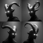 **Design a greyscale hyperrealism, shadow figure with glowing white eyes and horns --v 7.0** - Variations (Strong) by <@1116424656908464158> (fast)