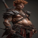 **Realistic 3d rendering. Epic battle scene. pregnant, Hyper muscular young elf with protruding stomach, handsome, tall, square jaw, short curly red hair, bright silver eyes, full bow-shaped bow-shaped, lips, defined muscles, vascular, freckles, pregnant belly, tattoos, square jaw, masculine features, handsome, short curly red hair, hyper oversized muscles, massive muscular arms, massive muscular biceps, massive muscular forearms, massive muscular legs, massive muscular thighs, massive muscular calves, hyper massive muscles, wearing leather armor, huge muscles, handsome, carrying large sword, running into battle. Realistic. --ar 9:16 --v 7.0** - Image #1 <@1222981214734913607>