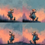 **<https://s.mj.run/RTecCqauTFQ> Reimagine this clean cartoon illustration in a painterly, atmospheric style. Use muted earthy tones blended with halloween colored pastels, textured brush strokes, and hazy gradients in the sky. Hiking through the forest with his cat. In the Pacific Northwest near the mountains during blue hour. Apply loose, expressive linework with subtle shading, crosshatching, and worn textures. Add depth and warmth through cinematic lighting and moody color grading. Expressions should remain exaggerated yet nuanced, balancing humor and melancholy within an atmospheric, storybook-like setting. Color Palette: 20% pastel periwinkle 40% pastel cotton candy 20% pastel sekura pink 10% pastel celadon 10% pastel black** - Variations (Strong) by <@757787837981786134> (fast)