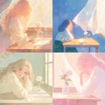 **A soft pastel romantic album cover illustration, delicate watercolor style. A gentle dreamy atmosphere with a young woman sitting near a wooden table by a window. On the table, a single white rose in a glass vase and a vintage envelope. Warm sunlight softly illuminating the scene. The woman's face is partially hidden by her flowing hair. The background shows a translucent curtain with subtle Indian patterns. The color palette is pastel pink, beige, and cream. Minimalistic, poetic, emotional, two-dimensional illustration. No text. --niji 6** - <@1212945075831836692> (relaxed)