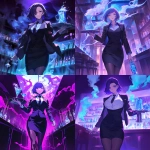 **Anime, A night club filled with smoke and mirrors that reflect the single beauty walking forward, it's a woman in a business jacket and a long pencil skirt, dark brown stockings, she's carrying a tray with a large pitcher of ice, her hair midnight blue with purple tips and short cut hair ending around the shoulders, confident smile, narrow squinting blue eyes, pencil thin black eyebrows flat --niji 6** - <@372629349565988865> (fast, stealth)