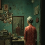 **Oil painting, moody lighting, prominent brush strokes, elderly grey haired Chinese woman dressed in a tattered and dirty red Qun Kwa wedding dress, Zhang Xiaogang's style, Painting on wall, family photographs, gazing into a dirty mirror in a dingy apartment, by Zhang Jingna, , melancholic atmosphere, tattered robot companion, laptop computer --ar 5:4 --v 7.0 --no star wars characters --chaos 5** - Image #1 <@988364629556199494>