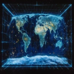 **A surreal digital artwork showing Earth's Mercator projection transforming into reality - continents stretch and warp dramatically toward the poles, with Greenland and Antarctica massively exaggerated. The map grid lines glow in neon blue against a deep space background, with tiny illuminated cities marking human civilization. The transition between true geographical size and Mercator distortion is visualized through a glass-like dimensional rift running along the equator, showing the actual proportions below versus the stretched version above. --ar 16:9** - Image #4 <@502223291524579328>