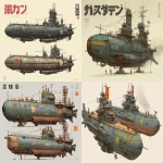**a dnd style concept art of two feudal japan iron and wooden space submarine, have different number in the hull, same size but not identical, dark industrial scifi style, labeled as marine with small hi-viz lime hazard markings, mechanical details, Japanese characters, realistic look, moody atmosphere, a little bit foggy, signal towers, various size nobori, have japanese anime mural on the hulls, signal cabbles, on a white background in the style of Studio Ghibli and Makoto Shinkai, cel-shaded, full-body, cartoon, 2D game art --ar 11:9** - <@1043498067623686144> (fast)